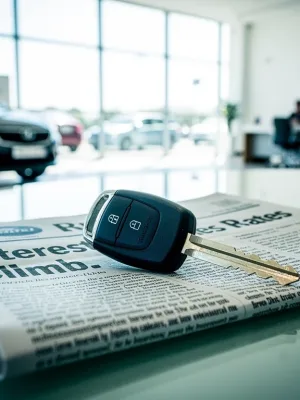 Car key on a newspaper showing rising auto loan rates