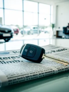 Car key on a newspaper showing rising auto loan rates