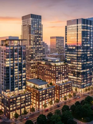 Skyline view showing balanced residential and commercial real estate, representing portfolio diversification.