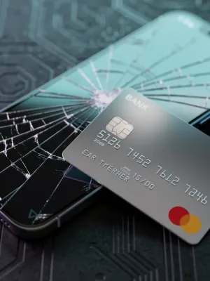 Cracked smartphone screen protected by a credit card, symbolizing cell phone insurance