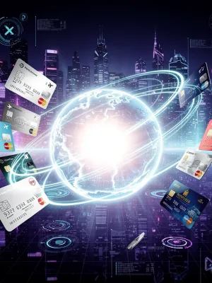 Credit cards and loyalty cards merging into a central orb, symbolizing combined rewards and maximized value in 2026.