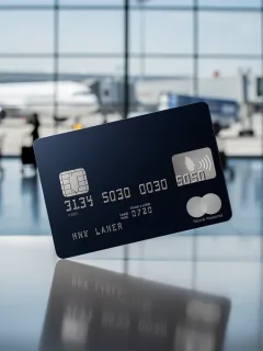Credit card on airport background, symbolizing travel rewards