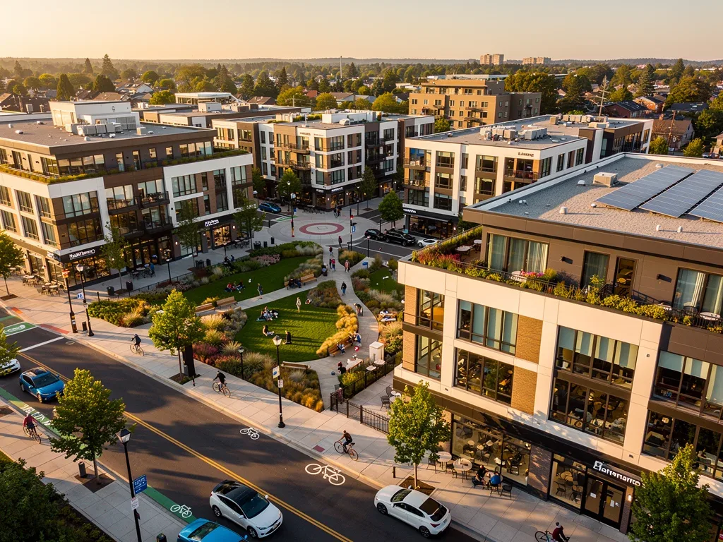 Revitalized urban district with mixed-use developments and green spaces.