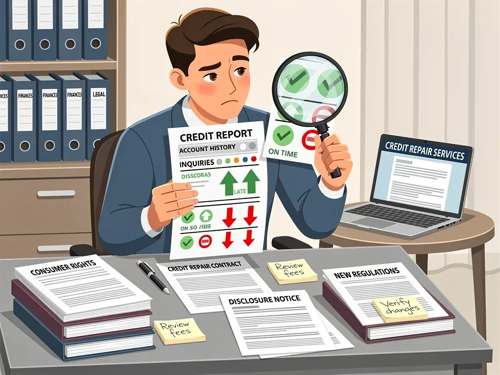 Consumer examining credit report with legal documents, new regulations
