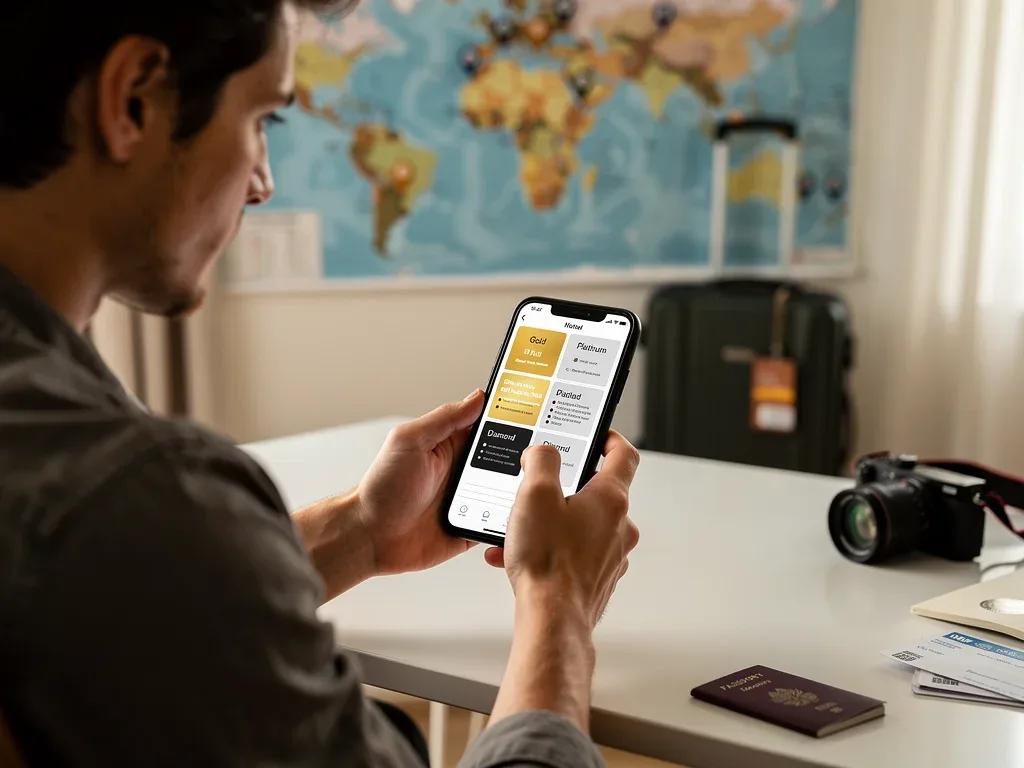 Traveler comparing limited-time hotel loyalty program offers on a smartphone.