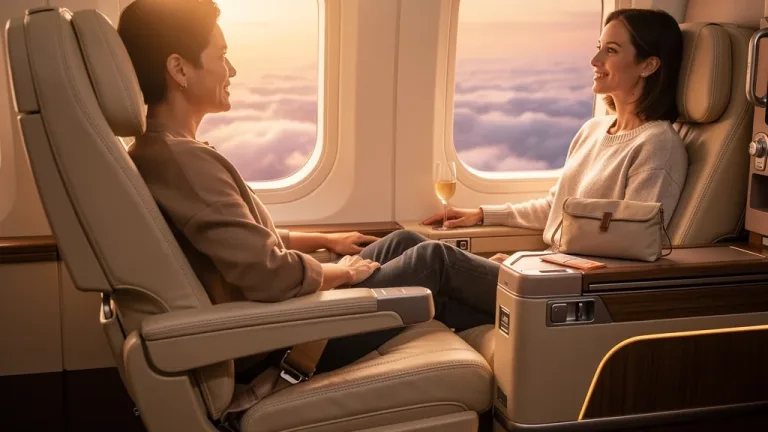 Traveler enjoying a luxurious first-class flight, looking out the window at sunset, embodying rewards program sweet spots.