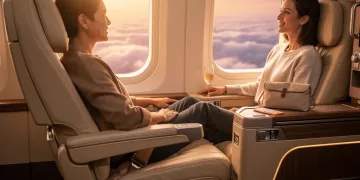 Traveler enjoying a luxurious first-class flight, looking out the window at sunset, embodying rewards program sweet spots.
