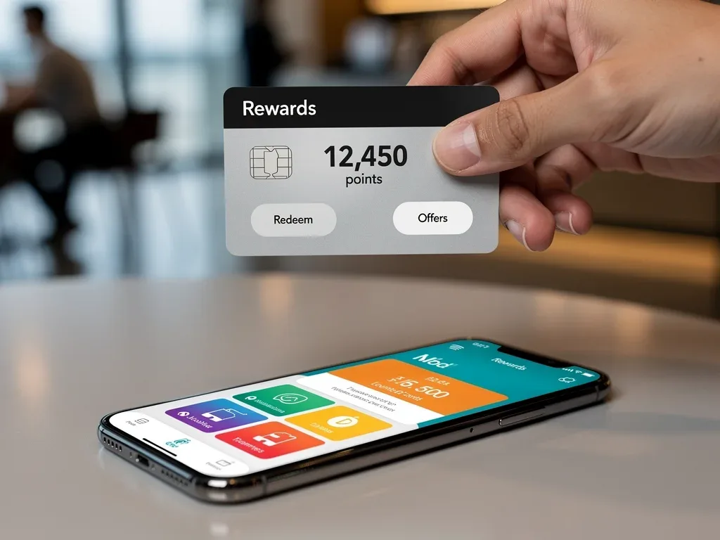 Hand holding credit card, interacting with loyalty program app on smartphone, symbolizing points redemption.