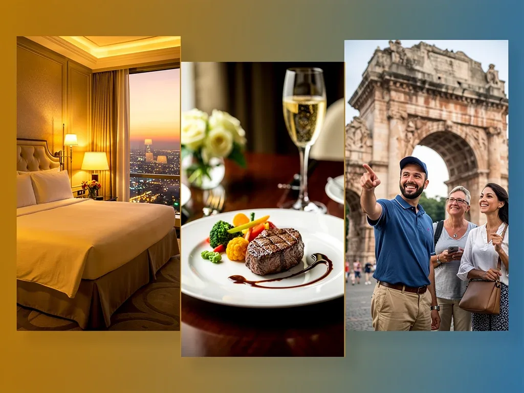 Collage of exclusive experiences: luxury hotel, gourmet dining, private tour, depicting rewards program benefits.