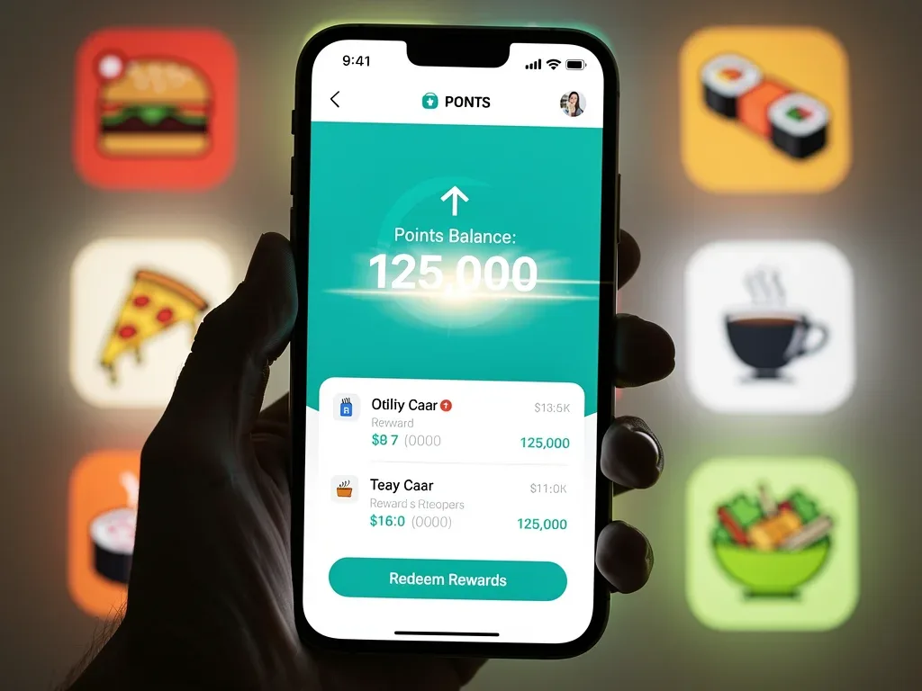 Smartphone displaying increased rewards points balance from dining.
