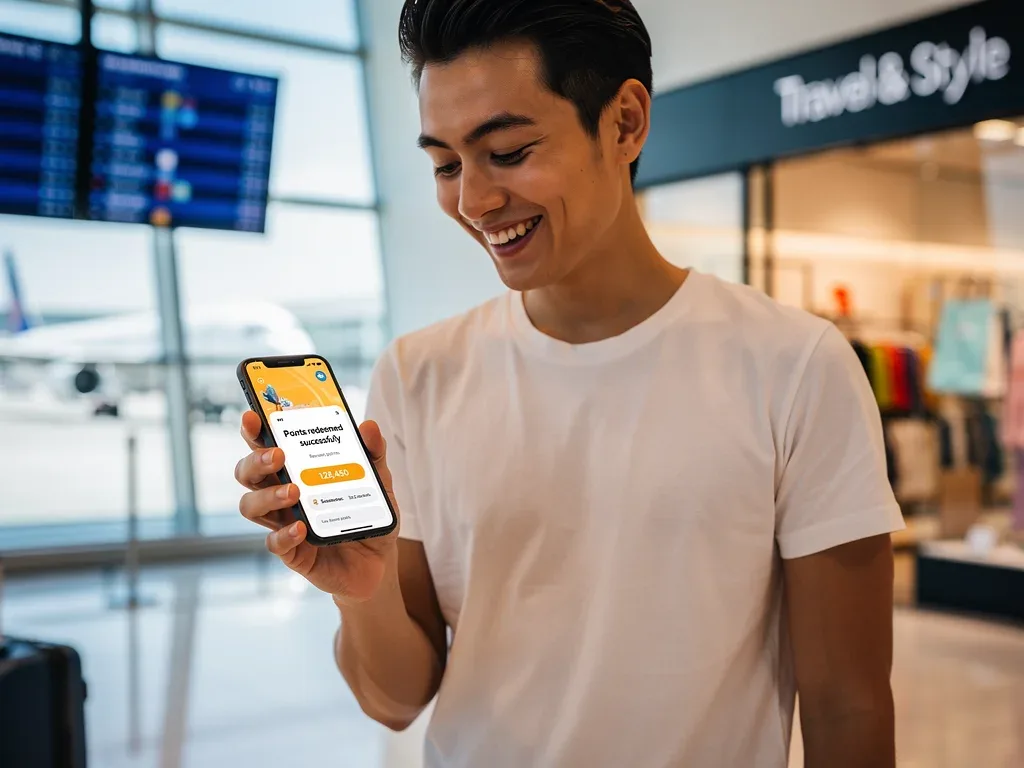 Individual successfully redeeming rewards points for travel or merchandise