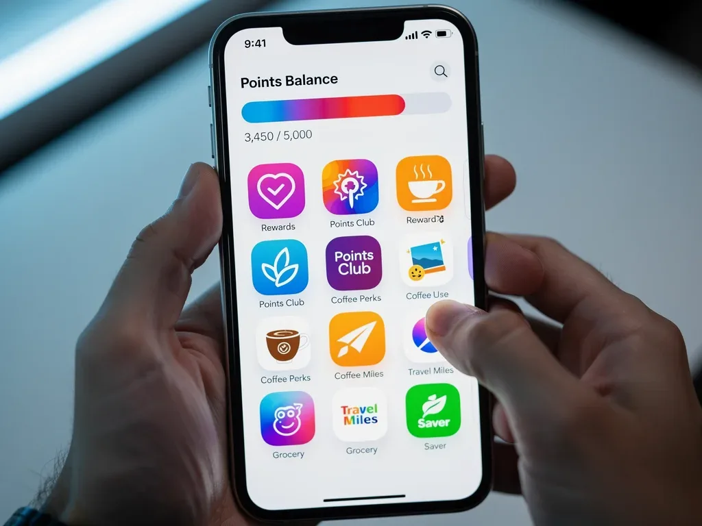 Smartphone screen showing various loyalty program apps and rewards balances