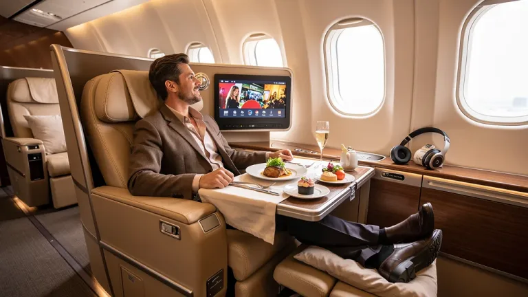 Luxury business class cabin with passenger enjoying premium service and comfort