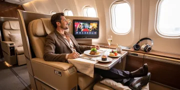 Luxury business class cabin with passenger enjoying premium service and comfort