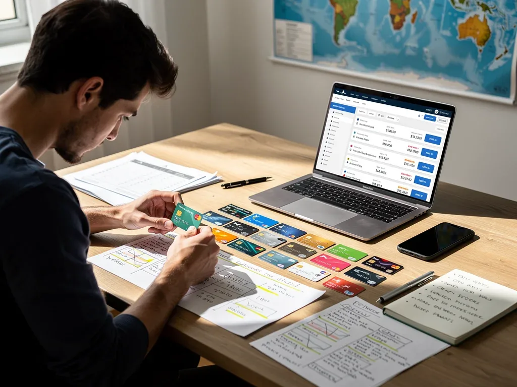 Traveler strategically organizing credit cards and loyalty program memberships