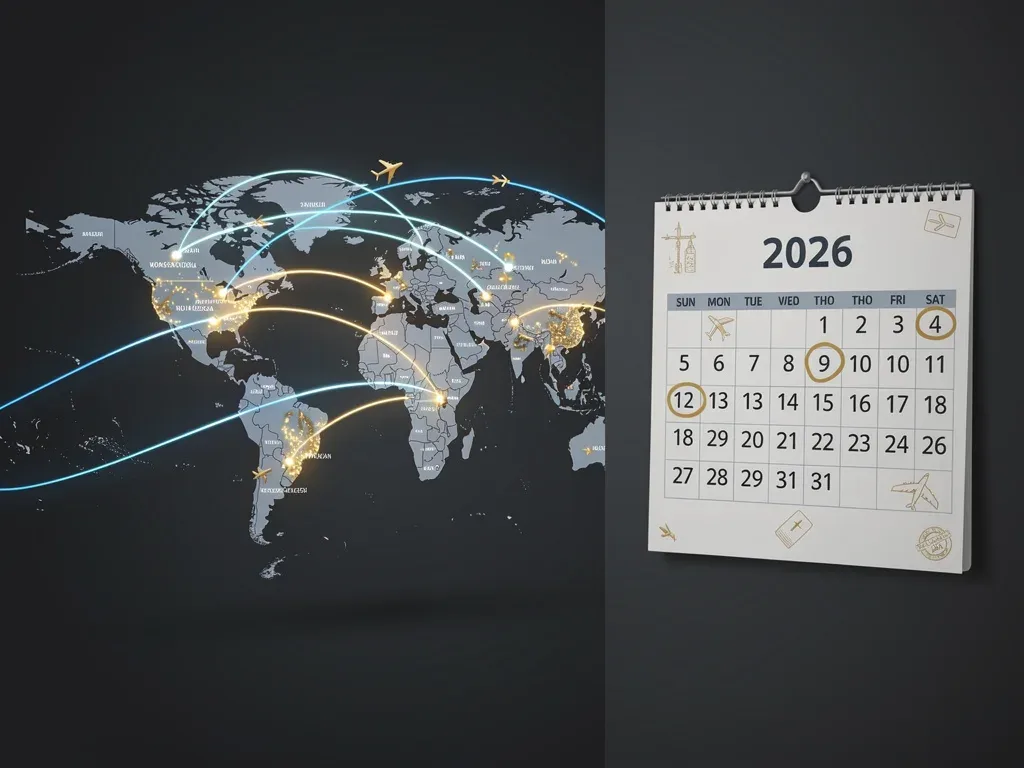 World map showing flight routes and calendar marked for 2026, symbolizing global travel planning