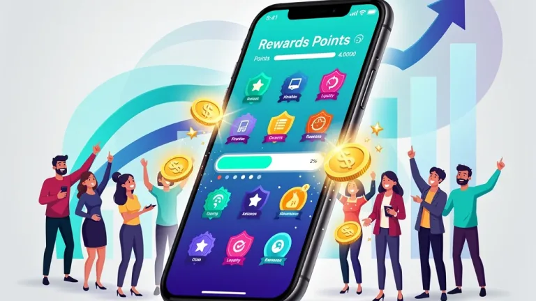 Gamified rewards program interface on a smartphone with badges and progress, showing increased earnings.