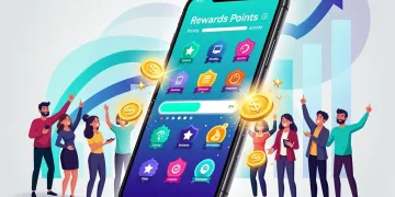 Gamified rewards program interface on a smartphone with badges and progress, showing increased earnings.