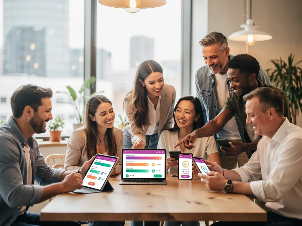 Customers actively engaging with a gamified loyalty program on their mobile devices.