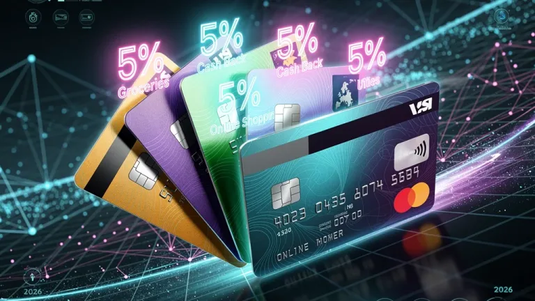 Credit cards fanned out with 5% cash back highlights for 2026 categories.