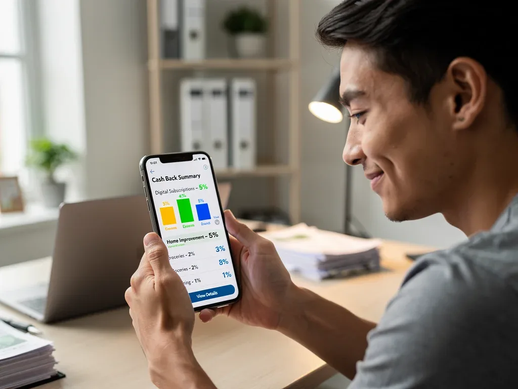 Cardholder reviewing verified 2026 credit card reward categories on a mobile app