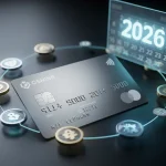 Futuristic co-branded credit card with 5x rewards icon for 2026