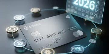 Futuristic co-branded credit card with 5x rewards icon for 2026