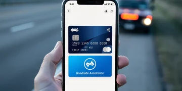 Smartphone displaying credit card app for roadside assistance on a highway.