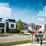 Modern suburban homes under a blue sky with digital policy overlays, representing the 2026 housing market and its policy changes.