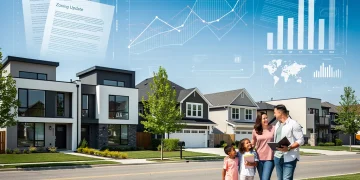 Modern suburban homes under a blue sky with digital policy overlays, representing the 2026 housing market and its policy changes.