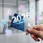 Hand holding credit card with 2026 changes overlay and rewards icons
