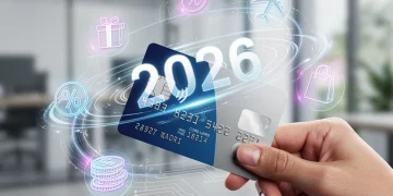 Hand holding credit card with 2026 changes overlay and rewards icons