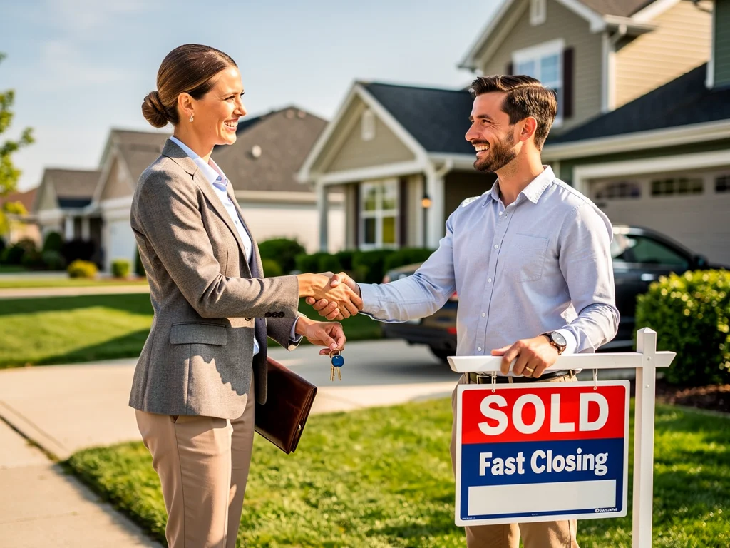 Real estate agent and client shaking hands after a successful property sale.