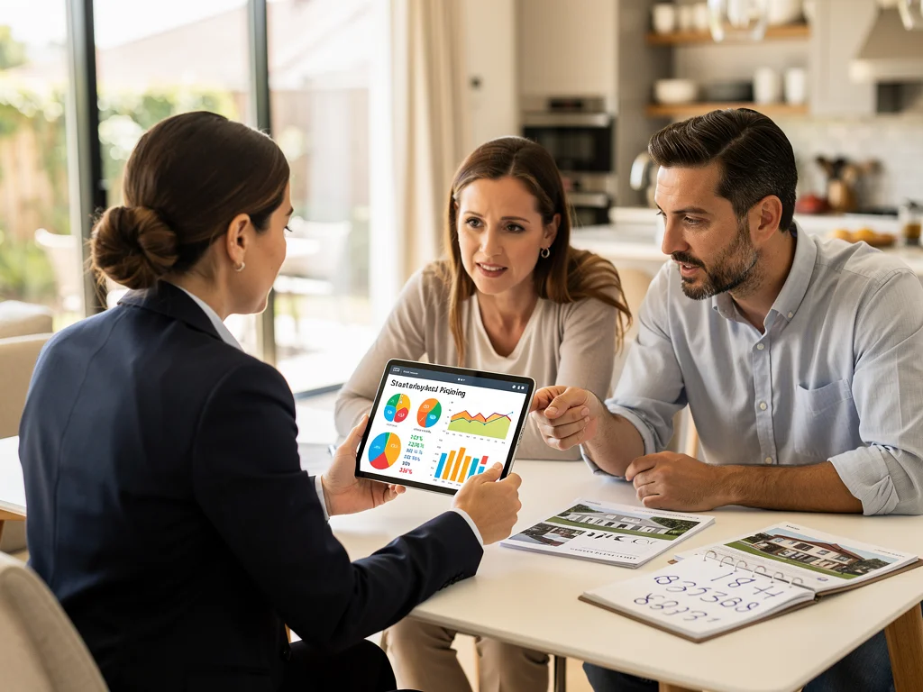 Real estate agent reviewing market data with homeowners for strategic pricing.