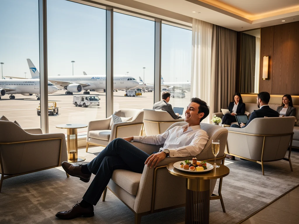 Traveler enjoying exclusive airport lounge access, a key credit card perk for comfort.