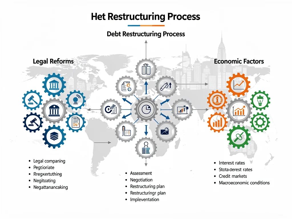Complex gears and flowchart depicting business debt restructuring and legal reforms.