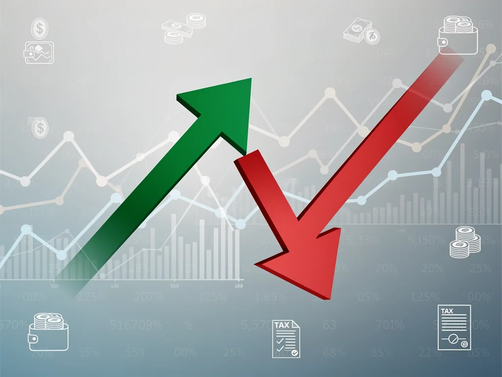 Infographic illustrating capital gains tax changes with arrows and financial data