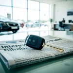 Car key on a newspaper showing rising auto loan rates