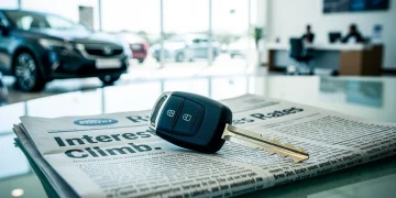 Car key on a newspaper showing rising auto loan rates