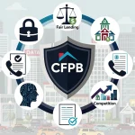 CFPB shield with five icons representing key priorities for 2026 in US credit markets.