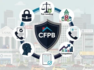 CFPB shield with five icons representing key priorities for 2026 in US credit markets.