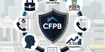 CFPB shield with five icons representing key priorities for 2026 in US credit markets.