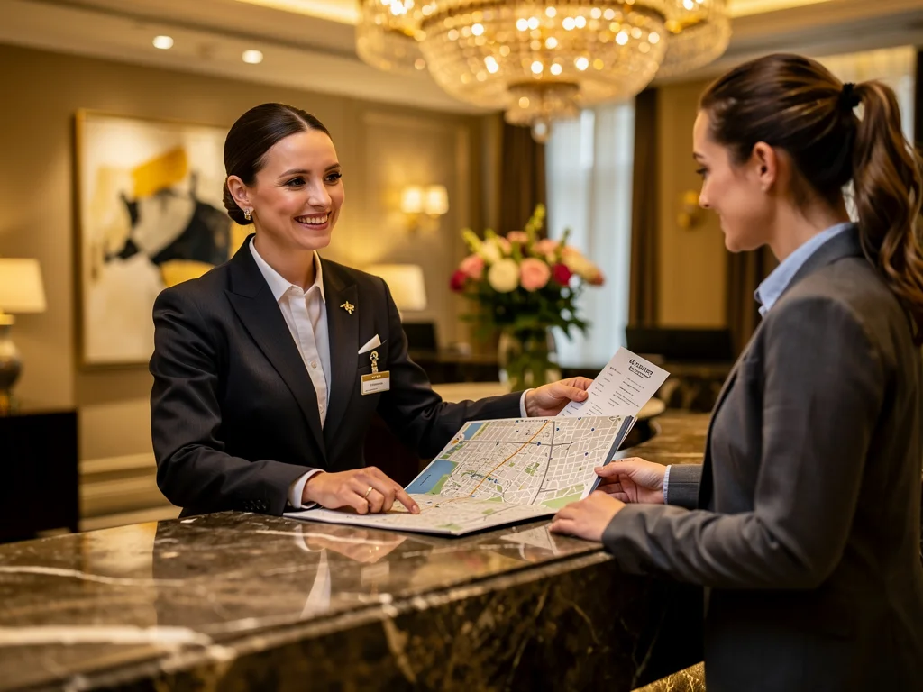Professional concierge assisting client with travel plans.