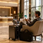 Man using phone in elegant hotel lobby to access concierge services.