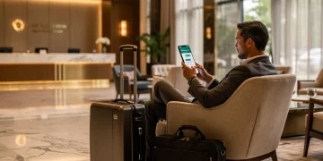 Man using phone in elegant hotel lobby to access concierge services.