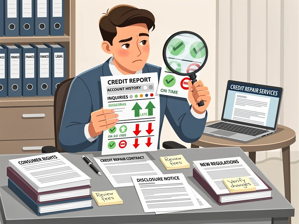Consumer examining credit report with legal documents, new regulations