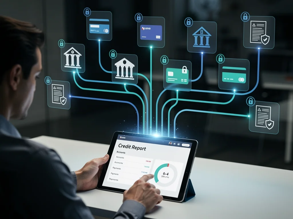 Person reviewing credit report on tablet, secure data network.