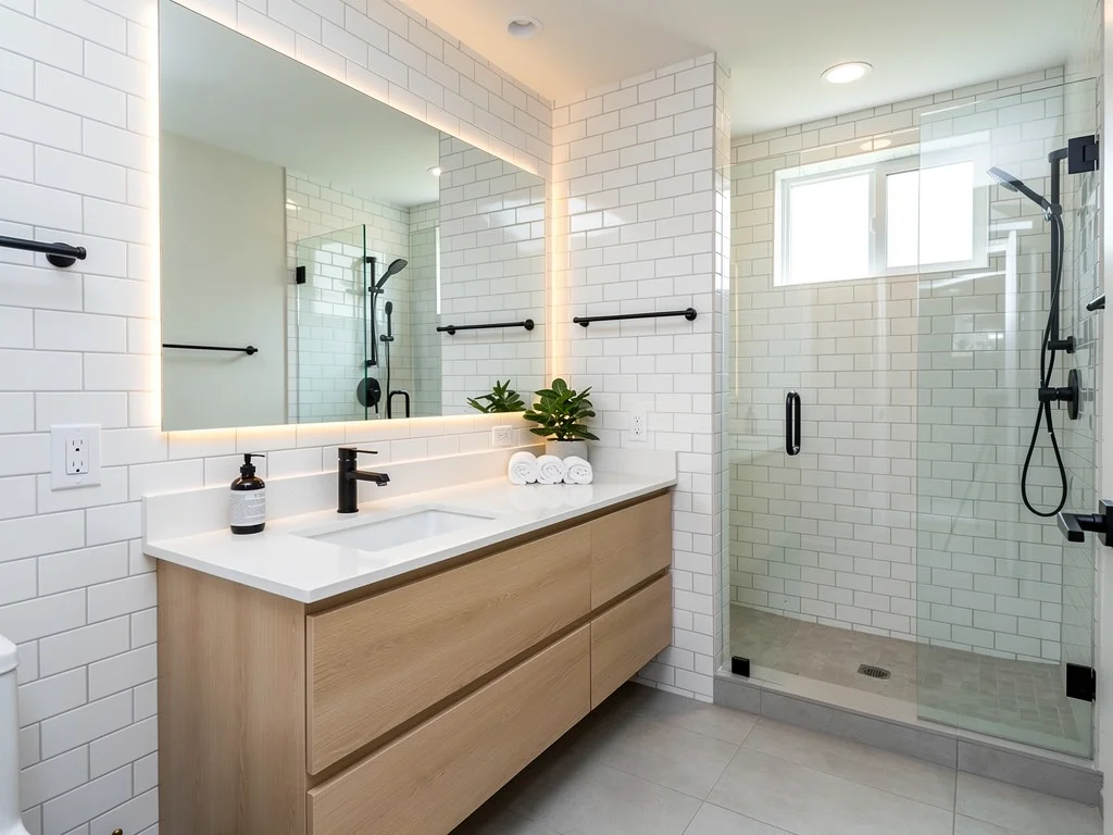 Contemporary bathroom renovation with new fixtures and tiling