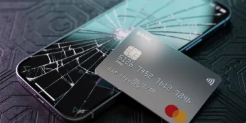 Cracked smartphone screen protected by a credit card, symbolizing cell phone insurance