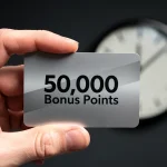 Credit card displaying 50,000 bonus points with a clock, highlighting a limited-time offer.